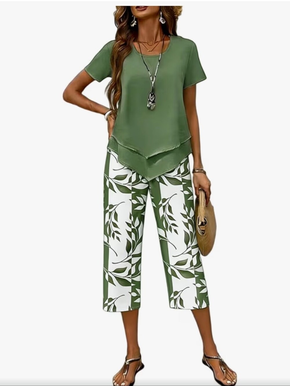 Women’s Olive Green Two-Piece Lounge Set with Printed Wide-Leg Pants #112